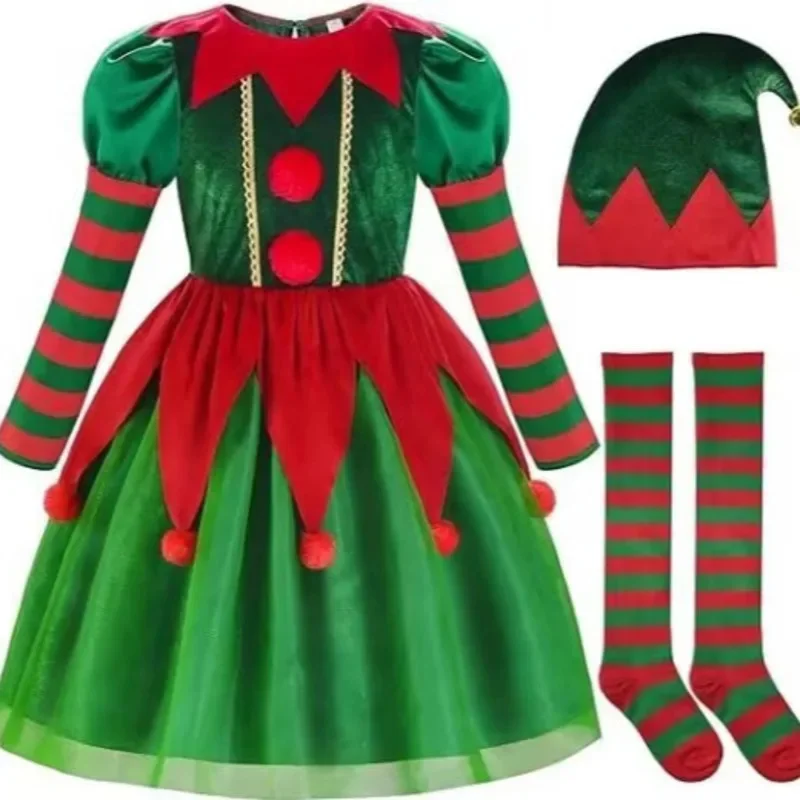 2025 Рождественский костюм Санта-Клауса для женщин/мужчин зеленое платье эльфа