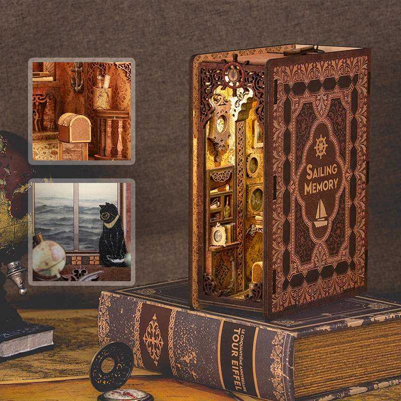 FSolis DIY Book Nook Kit Миниатюрный дом с освещением, книжная полка с котом-букендом для вставки, модель для сборки в подарок на день рождения для детей.