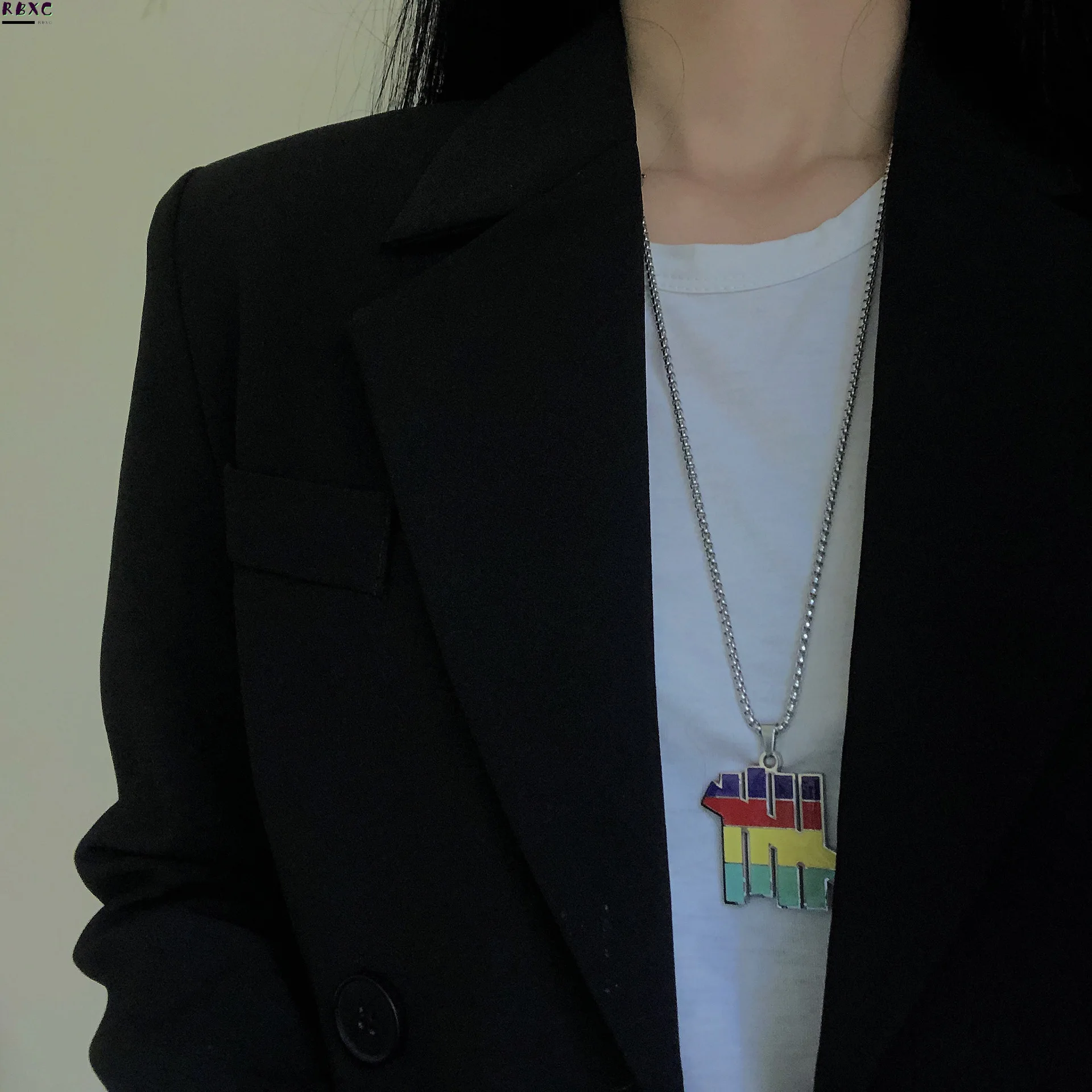 

Rbxc Tide Brand Color Unbeaten Five Bars Men's and Women's Stainless Steel Necklace Ins Net Red Hip Hop Titanium Steel Pendant