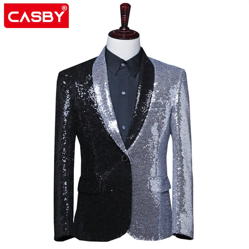 

Men's Formal Silver Black Sequins Splicing Suits Jacket Fashion Asymmetric Slim Coat Tuxedo Singer Host Stage Performance Blazer