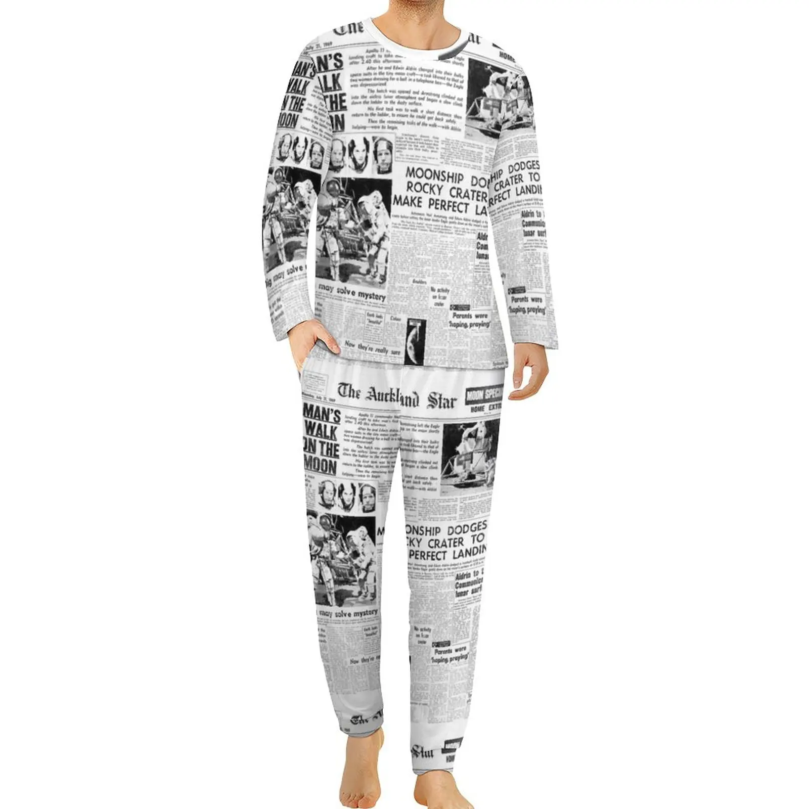 

Newspaper Headlines Pajamas Historic Moon Landing Male Long-Sleeve Retro Pajamas Set 2 Pieces Sleep Daily Design Nightwear