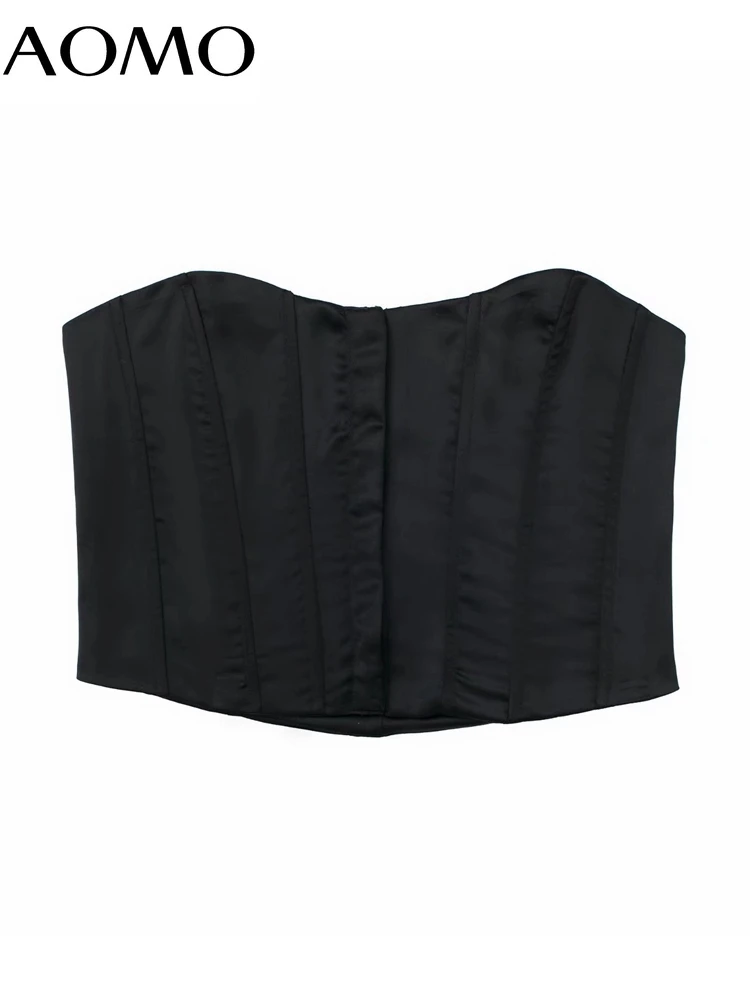 

AOMO Women Black Metal Hooks Satin Bustier Camis Strapless Off Shoulders Female Camis Mujer 3H431A