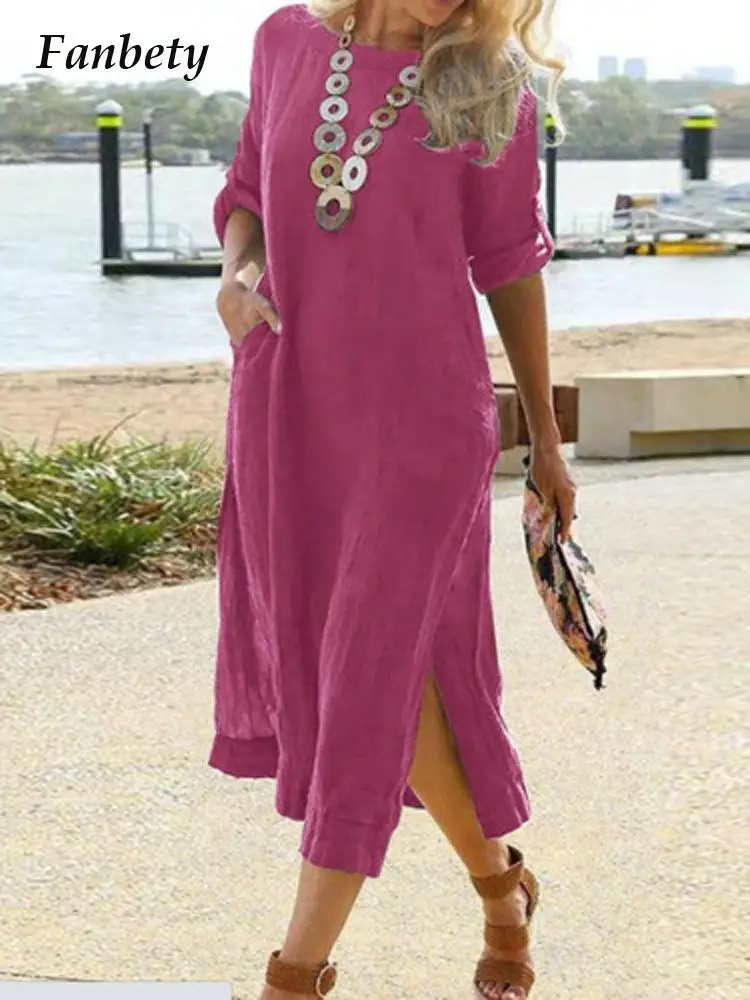 

Винтажное женское однотонное платье-макси из хлопка и льна, повседневные свободные платья с карманами и длинным рукавом, с разрезом, 2022