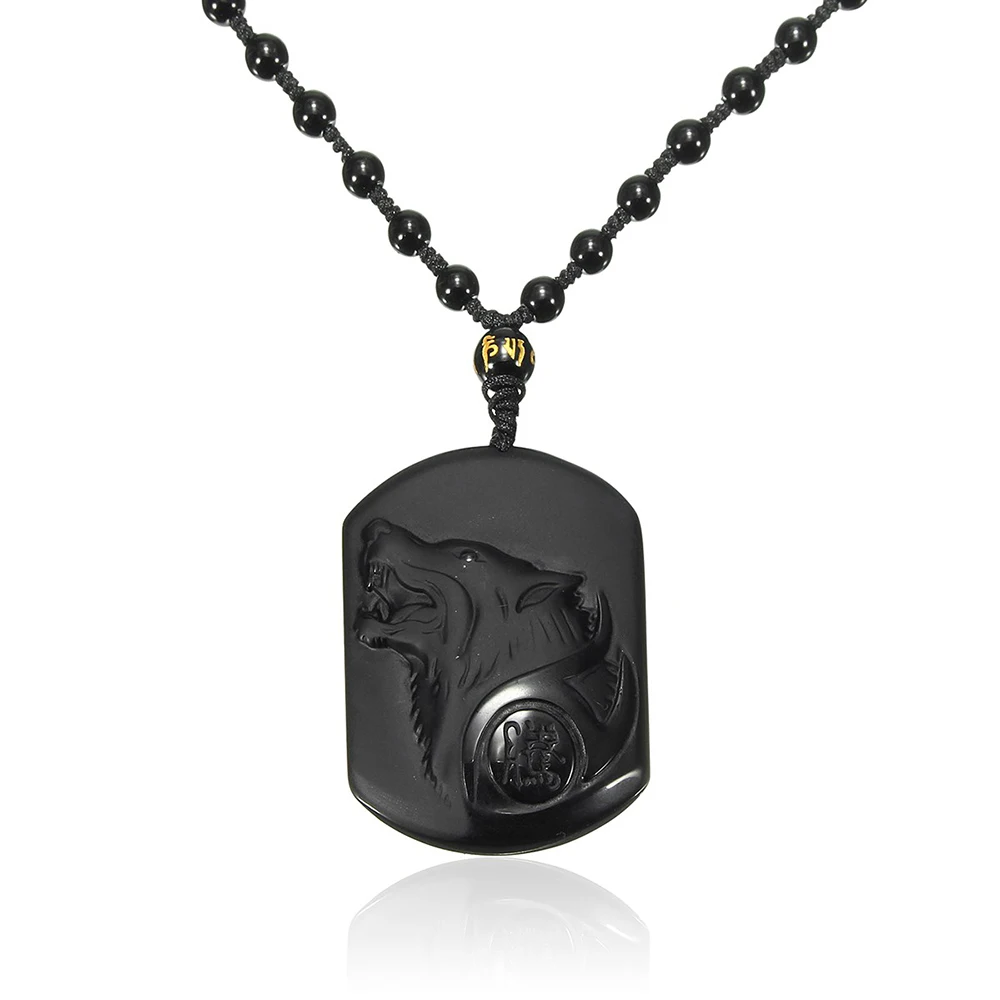 

Fashion Wolf Head Amulet Pendant Necklace Natural Black Obsidian Carving Obsidian Blessing Lucky Pendants Fashion Jewelry