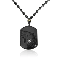 fashion wolf head amulet pendant necklace natural black obsidian carving obsidian blessing lucky pendants fashion jewelry