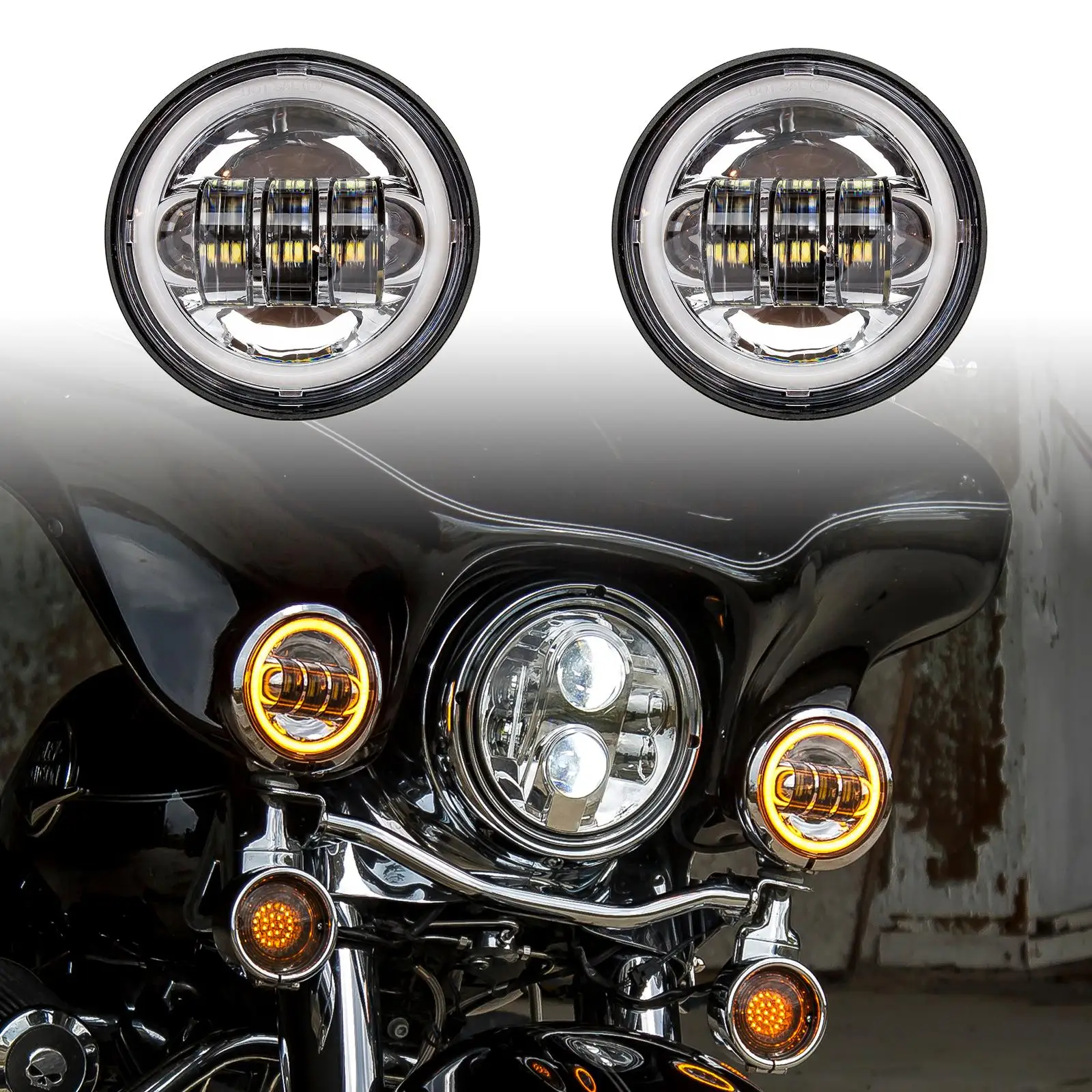 

Chrome Motorcycle LED Driving Lights with Turnsignal Halo