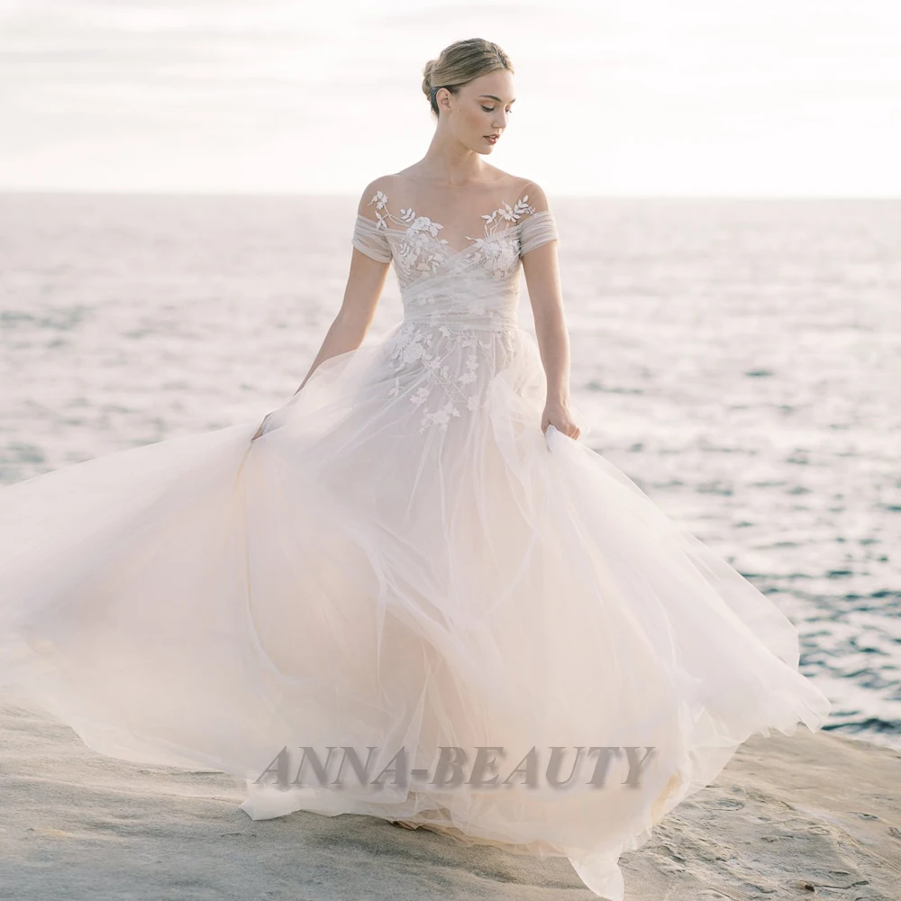 

Anna Scoop A Line Tulle Wedding Dresses For Mariages Charming Modern Appliques Zipper Court Train Bride Gowns Personalised