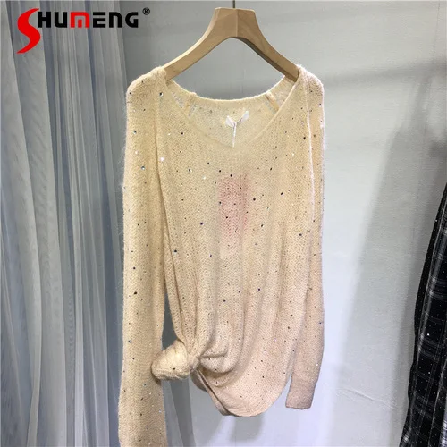 

Heavy Embroidery Hot Drilling Sweater women Mohair pullovers Fashion Beige Mid-Length Slimming Long Sleeve casual Sweater autumn
