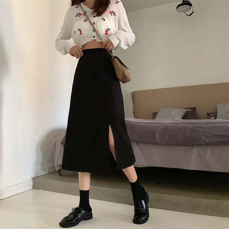Black Skirts Women Mid-calf College A-line High Waist Korean Style All-match Friends Streetwear Chic Female Bottom Юбка Женская