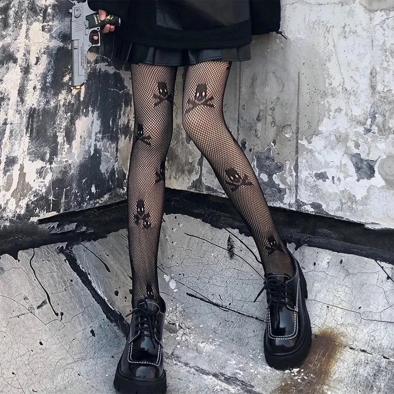 

ALTDITS Japanese Lolita Skull Fishnet Pantsuit Black Tights Women Mall Goth Y2k E-girl Sexy See Through Stockings Emo Alt Outfit