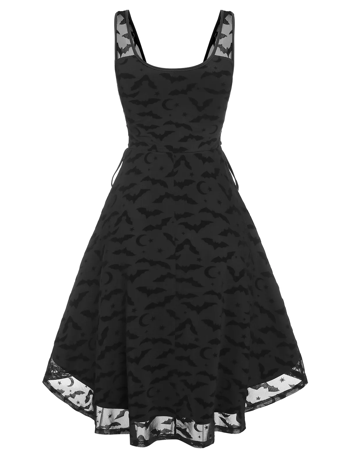 

Сетчатое платье с рукавами-люверсами и звездами летучая мышь, однотонное черное дизайнерское платье средней длины с острым подолом, готиче...