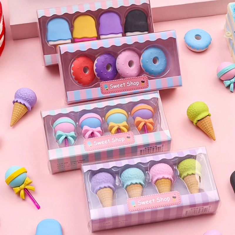 

4PCS/Box Eraser Set Mini Kawaii Lollipop Ice Cream Donuts Shaped Rubber Erasers for Kids Award Gift School Student Stationery