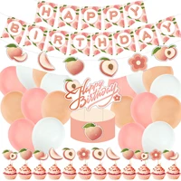 JOYMEMO Sweet Peach Theme Party Decoration Pink Balloon Set Letter Banner Flower Cake Topper for Girl Birthday Party Supplies