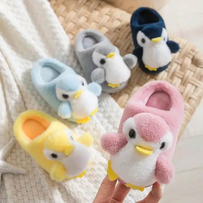 2022 New Arrival Fluffy Slippers Kids Designer Dull Penguin Winter Shoes for Indoor BABI Fun Cartoon Fur Slides Slippers images - 6