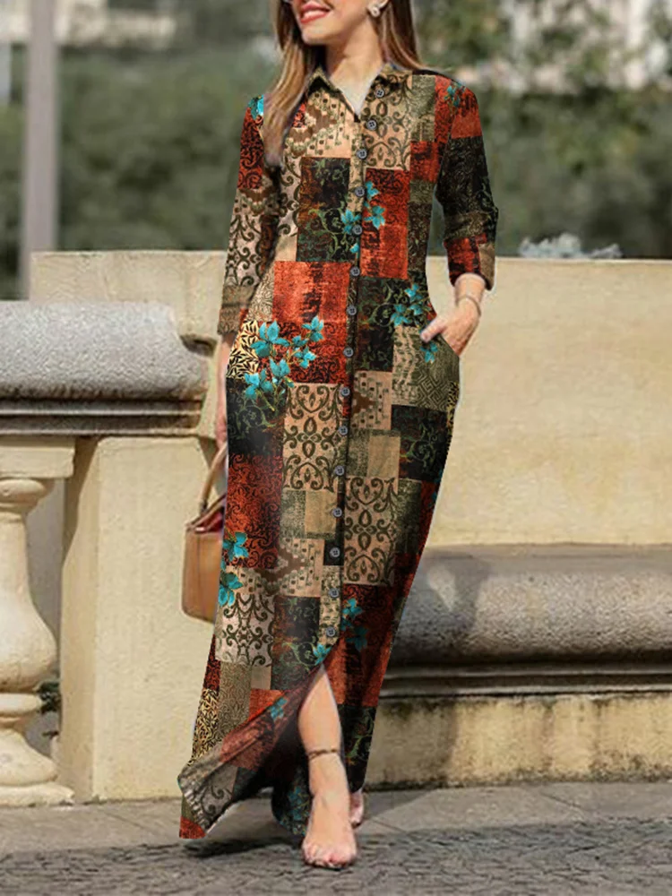 

VONDA 2023 Autumn Vintage Floral Printed Cotton Dress Women Casual Lapel Collar Button Up Dresses Bohemian Vestidos Long Robe