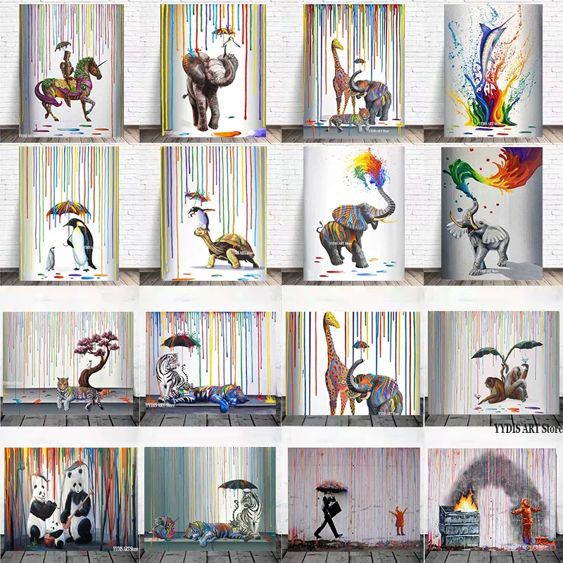 

Abstract Cartoon Animal Graffiti Painting Rainbow Rain Elephant Giraffe Tiger Poster Canvas Print Wall Picture Modern Home Decor