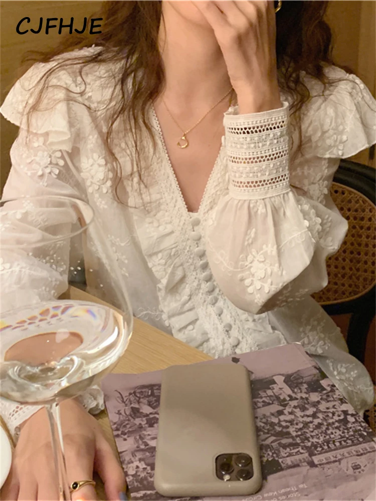 

CJFHJE New Summer White Women Blouses French Fashion Elegant Lady Vintage Long Sleeve Cotton Oversize Casual Loose Black Shirts