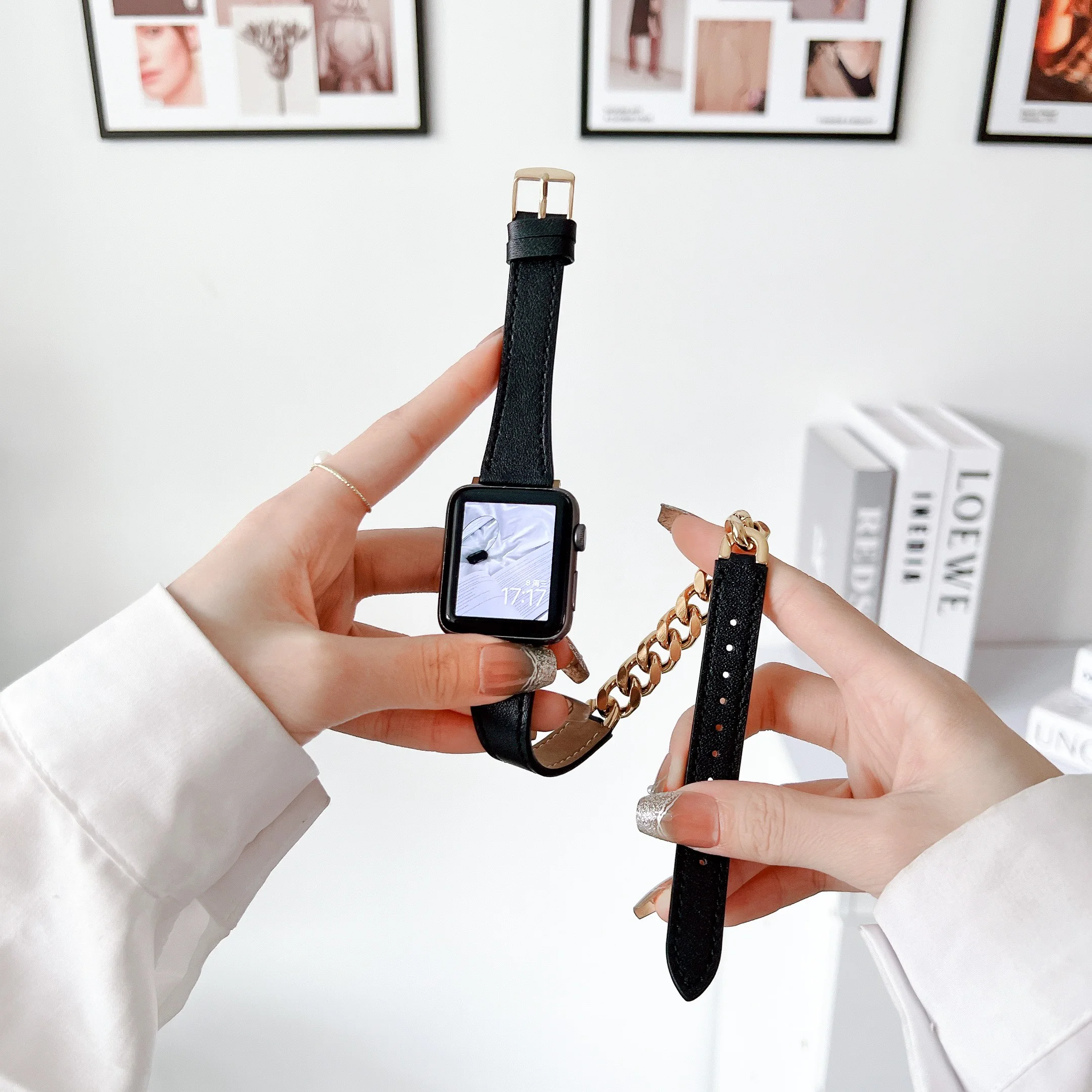 Leather Strap for Apple Watch bracelet double chain iwatch87654321SE Ultra men fashion stainless steel40 41 42 44 45 women wrist