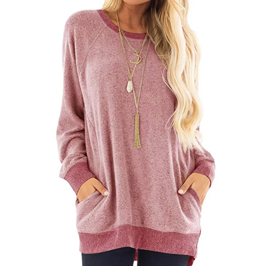 

Patchwork Casual Tops For Women Round Neck Solid Color Pocket Tee Shirt 2021 Pink Basic New Long Sleeve T-Shirts Female Clothing