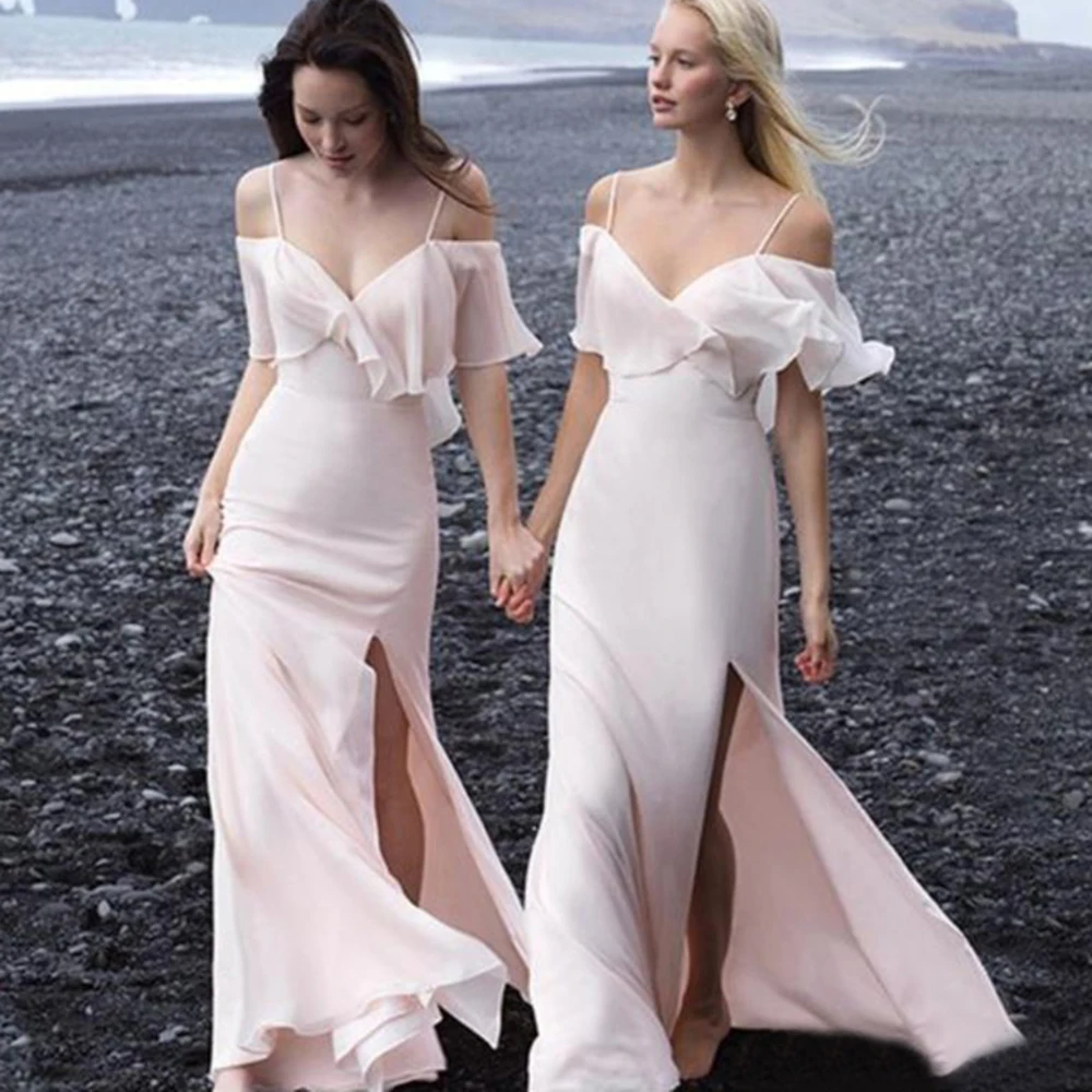 

2022 Elehant Charming Pale Pink Bridesmaid Dresses Chiffon Side Split Maid of Honor Gowns Spaghetti Straps Wedding Guest Dresses