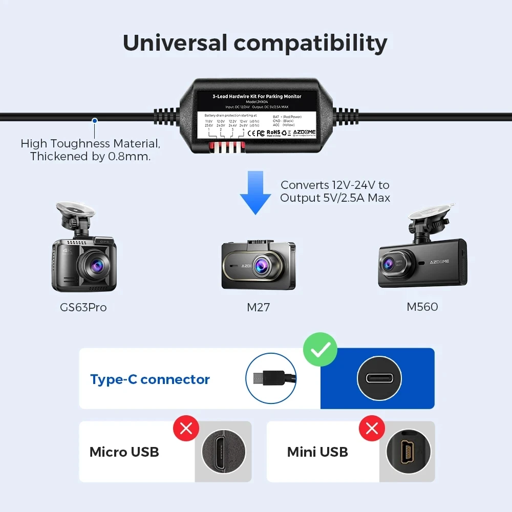 AZDOME JYX05 Автомобильный видеорегистратор с жестким проводом и портом Type-C для M300S/GS63H