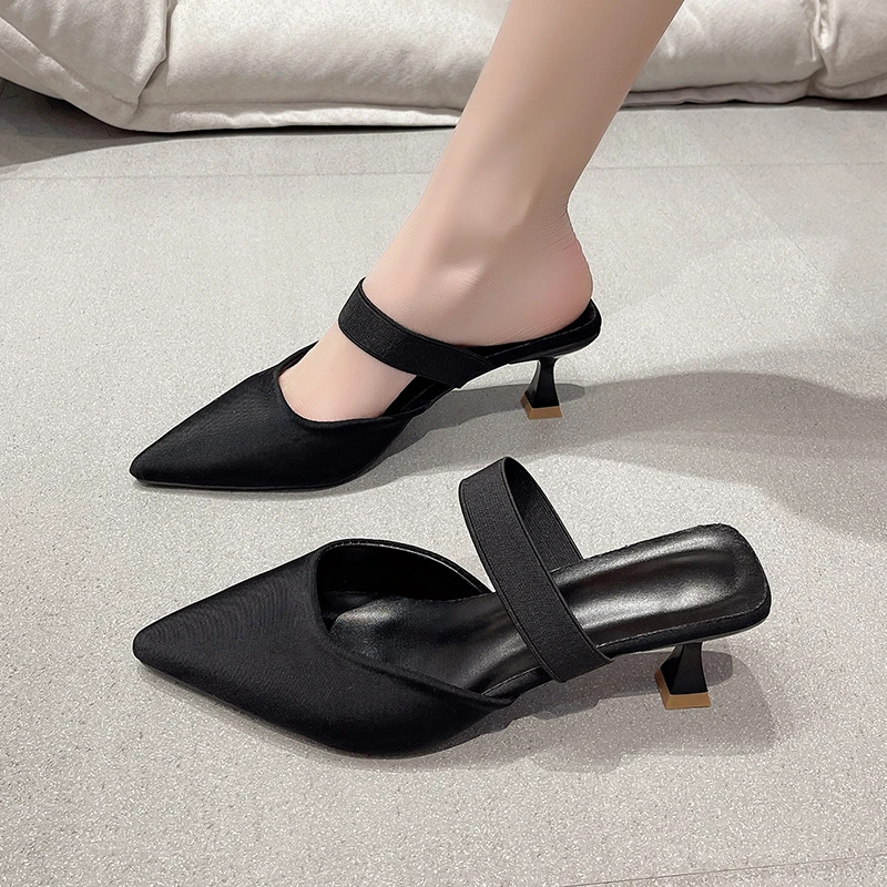 

Женские туфли-лодочки без застежки, однотонные туфли на высоком каблуке, с острым носком и ремешком на пятке, лето 2023