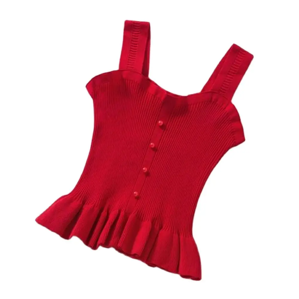 

Женский однобортный трикотажный топ с воланом, на пуговицах