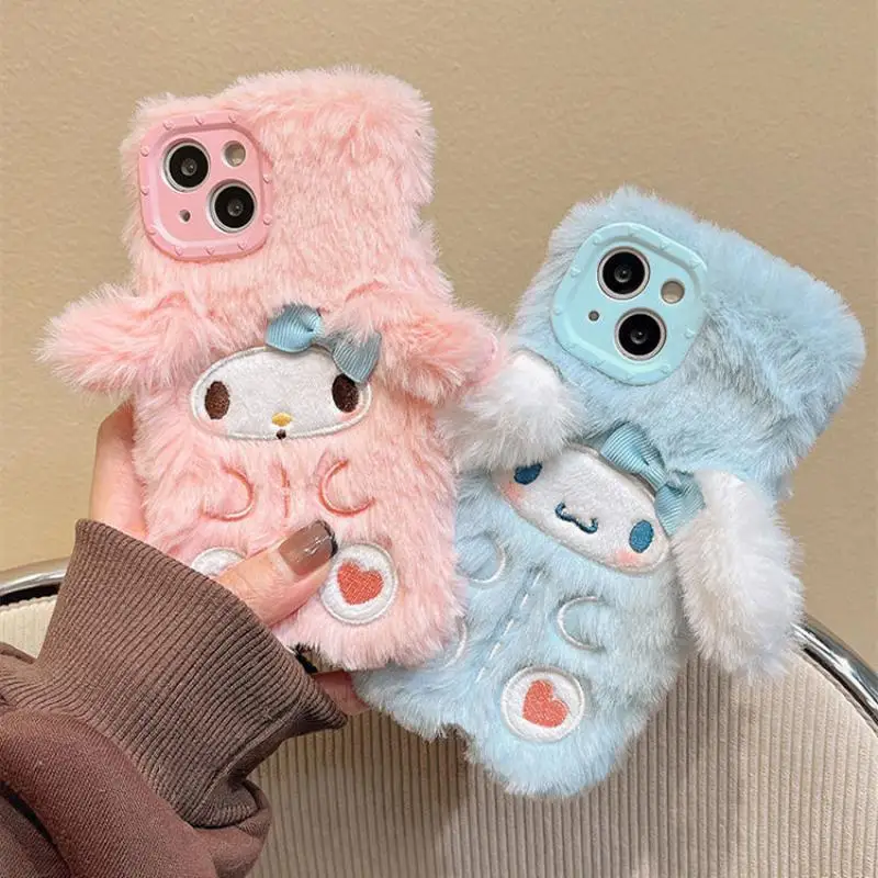 

Милый зимний плюшевый чехол для телефона My Melody Cinnamoroll для Iphone 13 12 11 Pro Max, Пушистый Меховой чехол для Iphone 14, подарок для девочек