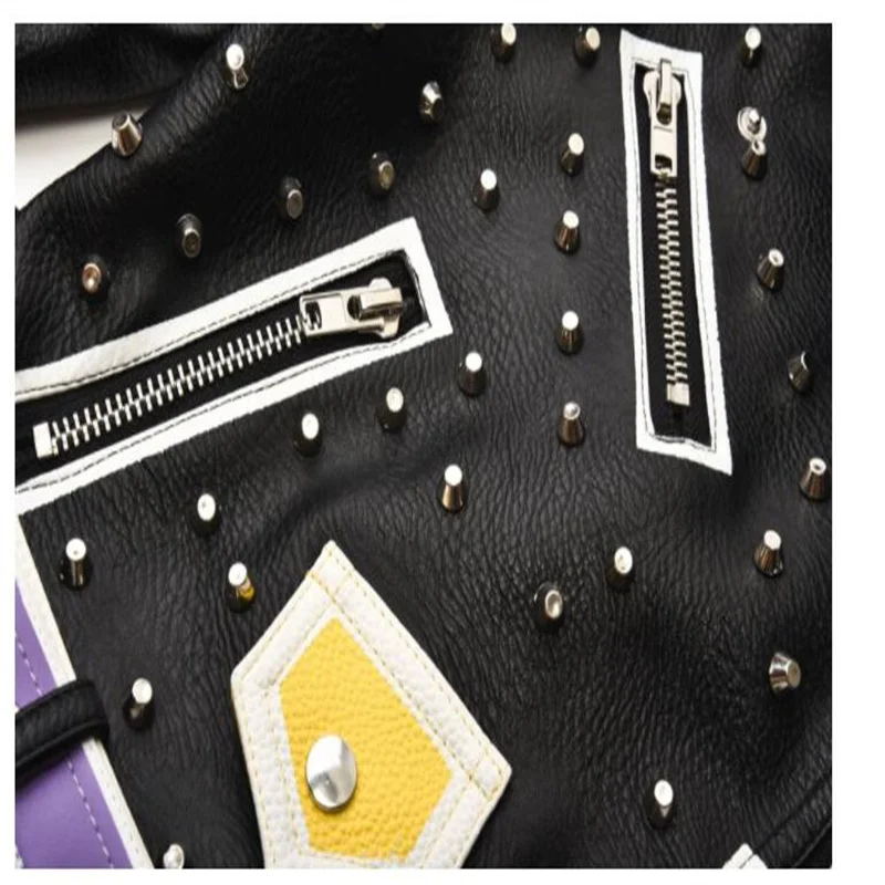 Oblique zipper womens leather jacket female letters contrast color printing rivets short coats street personality clothes black
