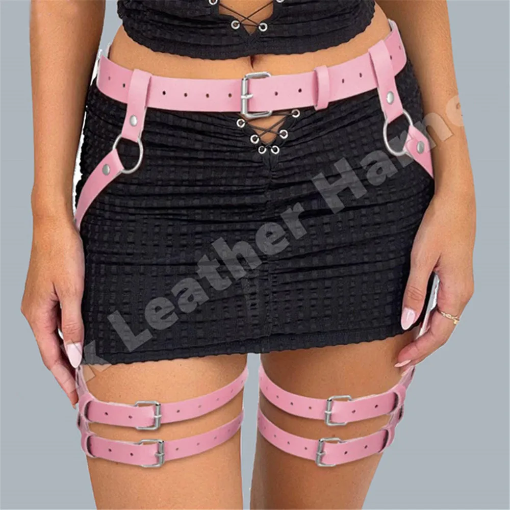 

UYEE Women Sexy Harness Belt PINK PU Leather Body Garters Bondage Cage Punk Sword Belt Goth Waistband BDSM Lingerie Rave Outfit