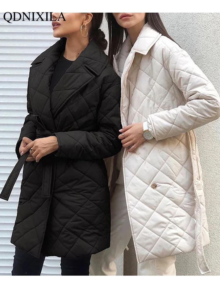 2023 Winter Spring Mid-length Women's Parkas Black Cotton Padded Lace Jacket Light Thin Fashion Elegant Quilted Coats for Women