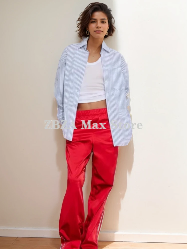 ZBZA Женская спортивная куртка брючный костюм Стоять воротник полосатый с