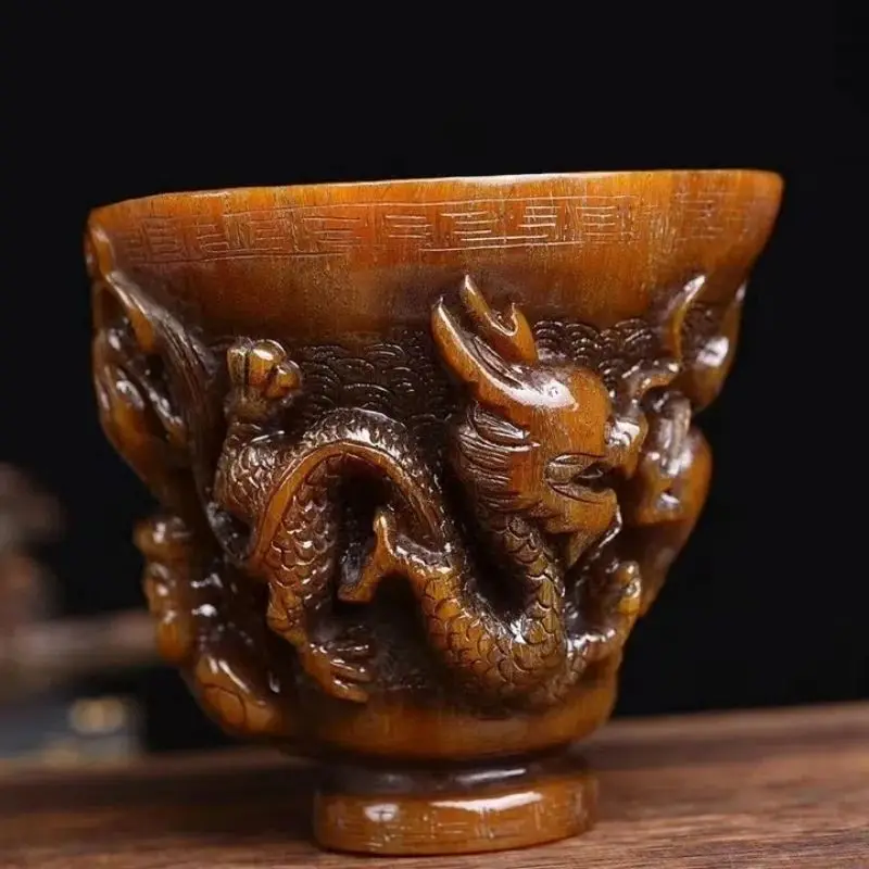 1Pcs Natural Animal Bone Horn Artificial Carving Dragon Cup Carving Decoration Tea Health Cup Play Gift Old Objects Collection