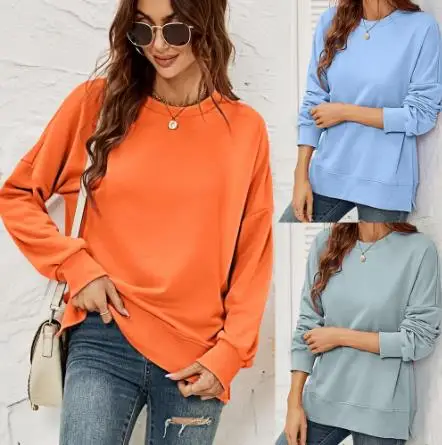 

Женский свитшот, сезон осень-зима 2022, однотонный Повседневный свободный Дамский топ с круглым вырезом, пуловер, универсальная женская одежда с длинным рукавом