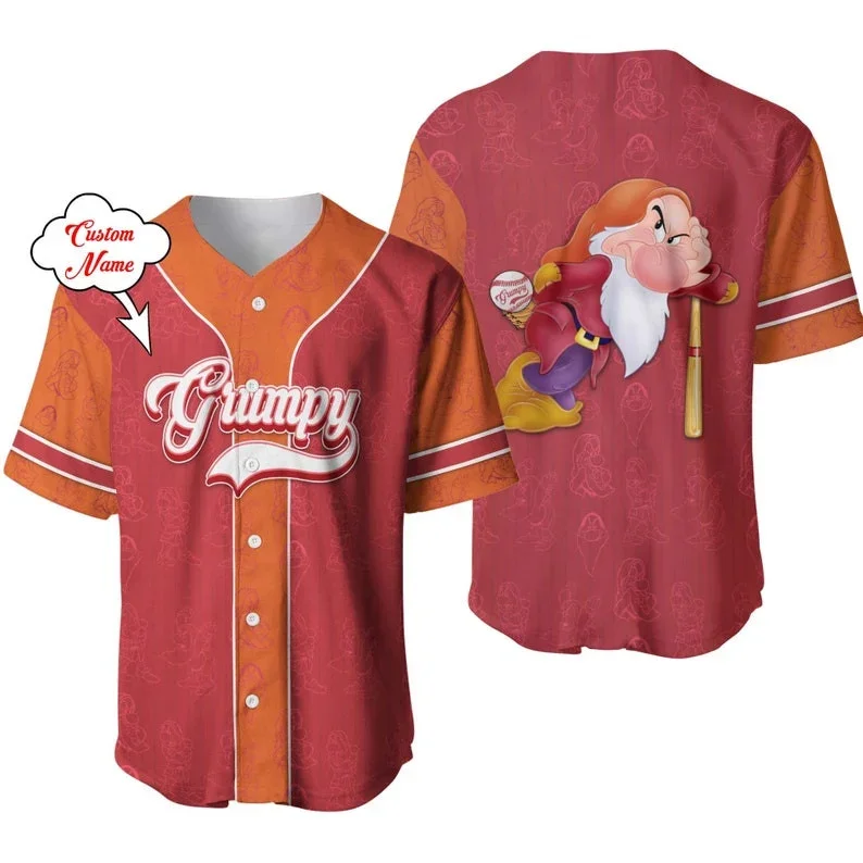Angry Grumpy Dwarf Baseball Jersey Red Stripes Patterns Disney Baseball Shirt 3D T-shirt Disney Disney Casual Baseball T-shirt