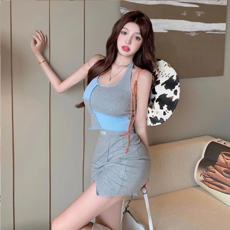 Tight Dresses For Women 2022 Luxury Designer Sexy Dress Sets Mini Skirt And Backless Halter Top Summer Two Piece Set Outfit Kpop