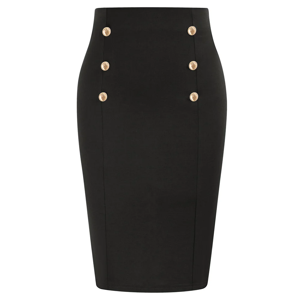 

BP Stretch Back Slit Slim Fit Office Pencil Skirt Women Vintage High Waist Midi Skirt Buttons Decorated Back Slit Bodycon Skirt