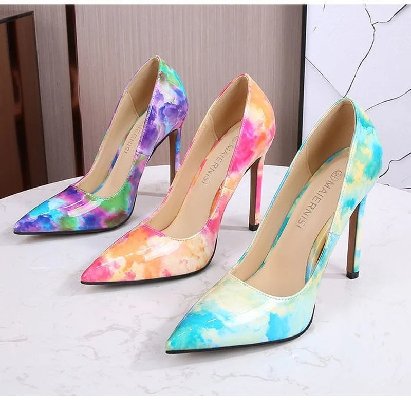 

Туфли-лодочки женские, Яркие Кожаные туфли на высоком каблуке-шпильке, лакированная кожа, с острым носком, сексуальная женская обувь для веч...
