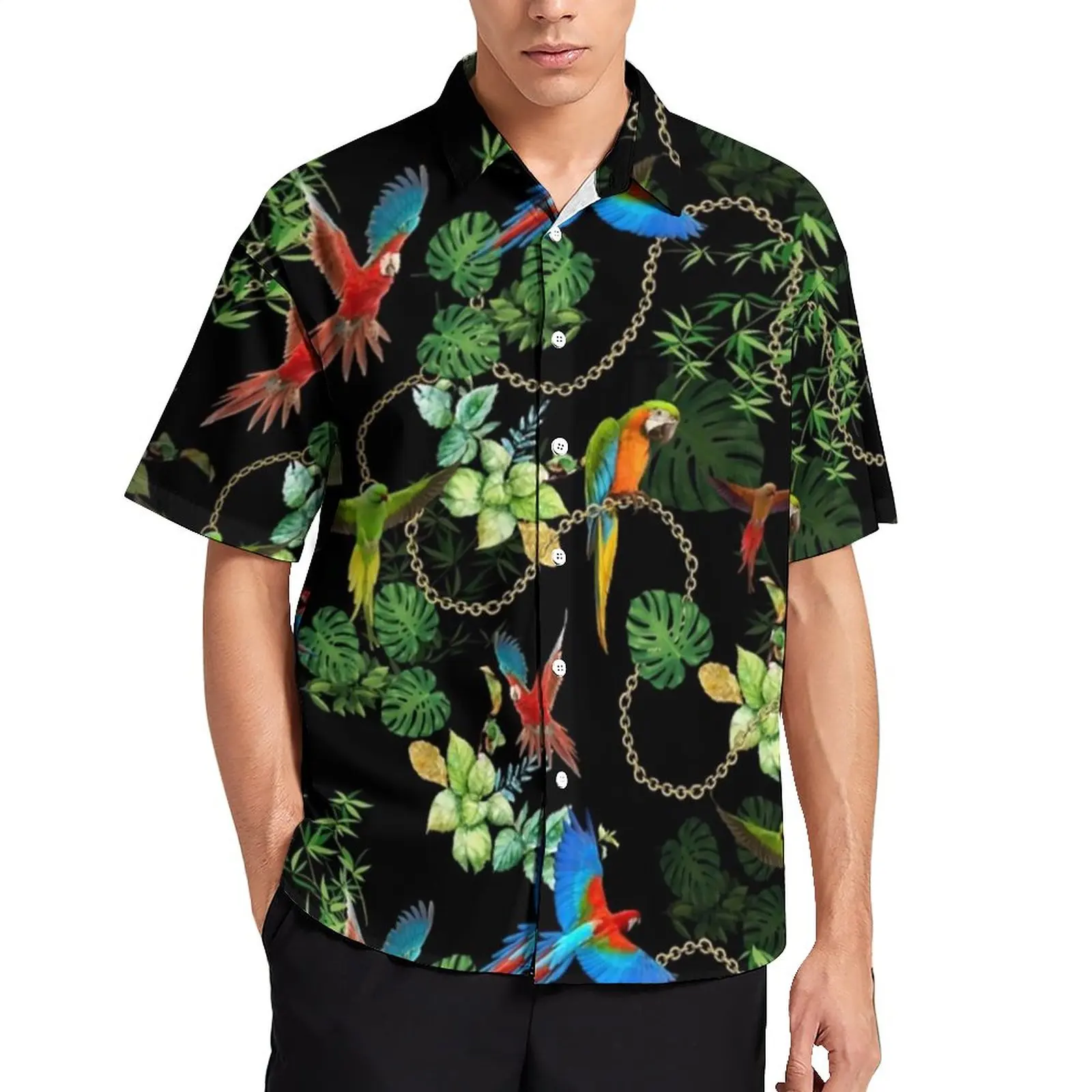 

Gold Chains Print Vacation Shirt Mens Tropic Parrots Casual Shirts Hawaiian Short Sleeve Design Trendy Oversized Blouses Gift