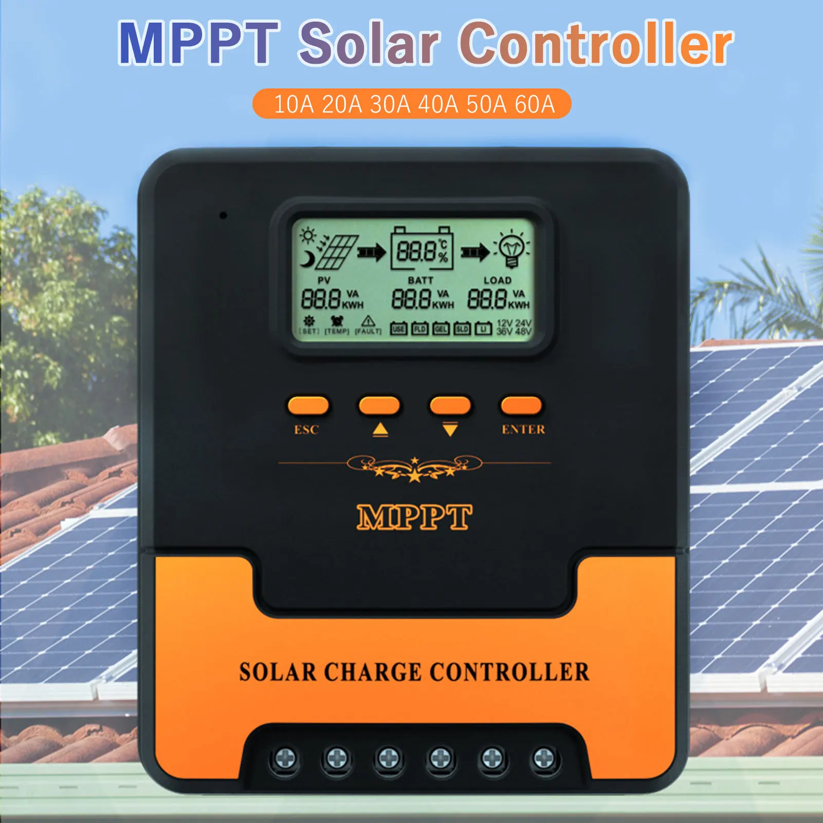 

MPPT Solar Charge Controller 60A 50A 40A 30A 20A 10A Solar Controller 12V 24V Auto LCD Display Solar Panel Battery Regulator