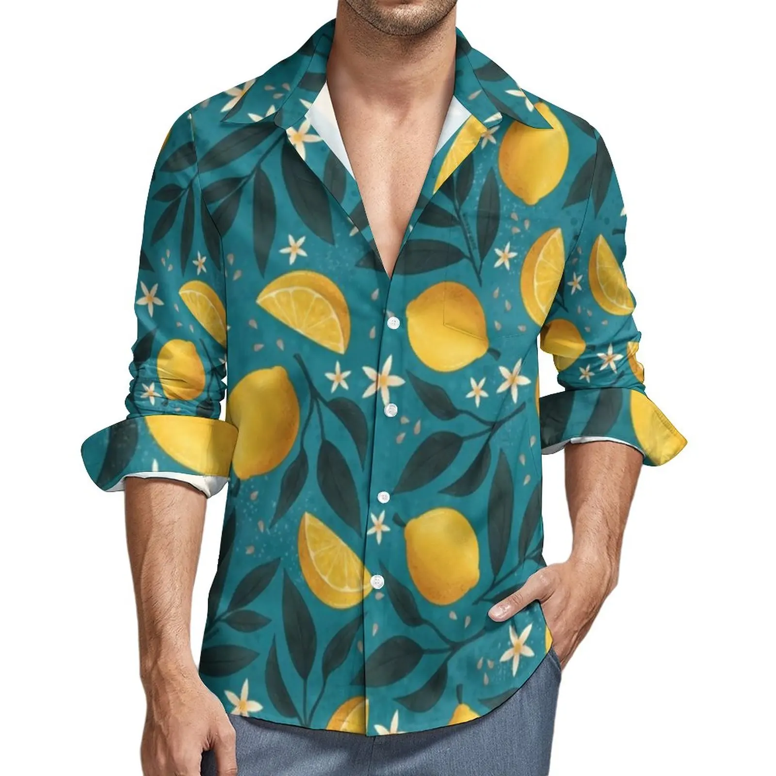 

Yellow Lemon Casual Shirts Male Leaf Floral Print Shirt Long Sleeve Vintage Street Style Blouses Autumn Pattern Top Plus Size