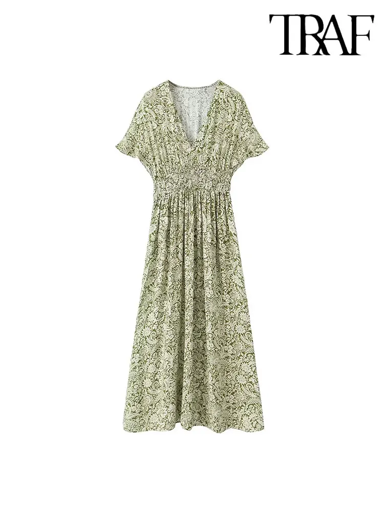 

TRAF Женское длинное платье с коротким рукавом, повседневное элегантное и красивое платье миди с винтажным принтом и рюшами, лето 2023