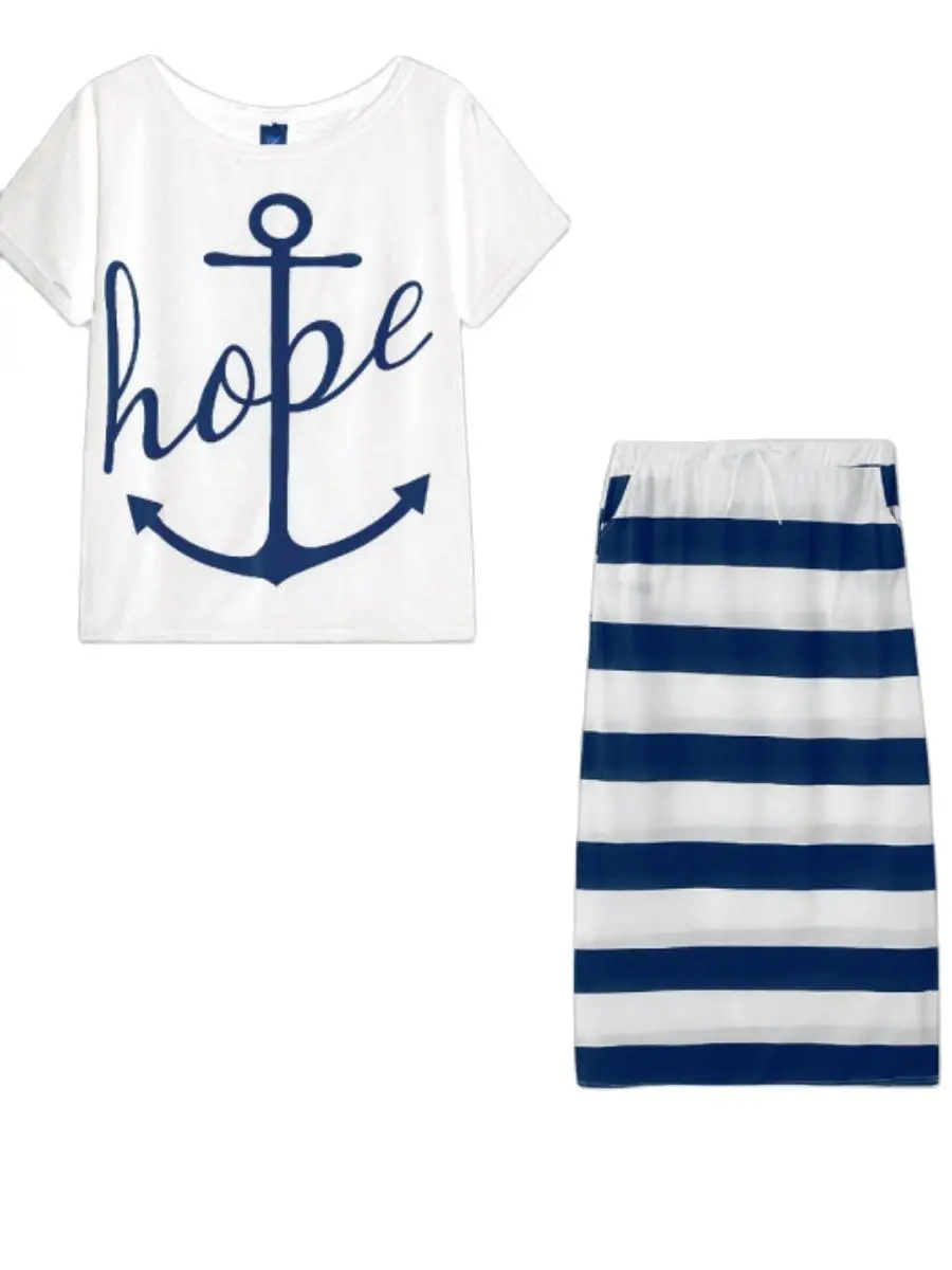 LW Plus Size Two Piece Letter Print Striped Skirt Set Elegant Vacation Two-pieces Suit Sets Fashion Summer Tops+skirt Matching O