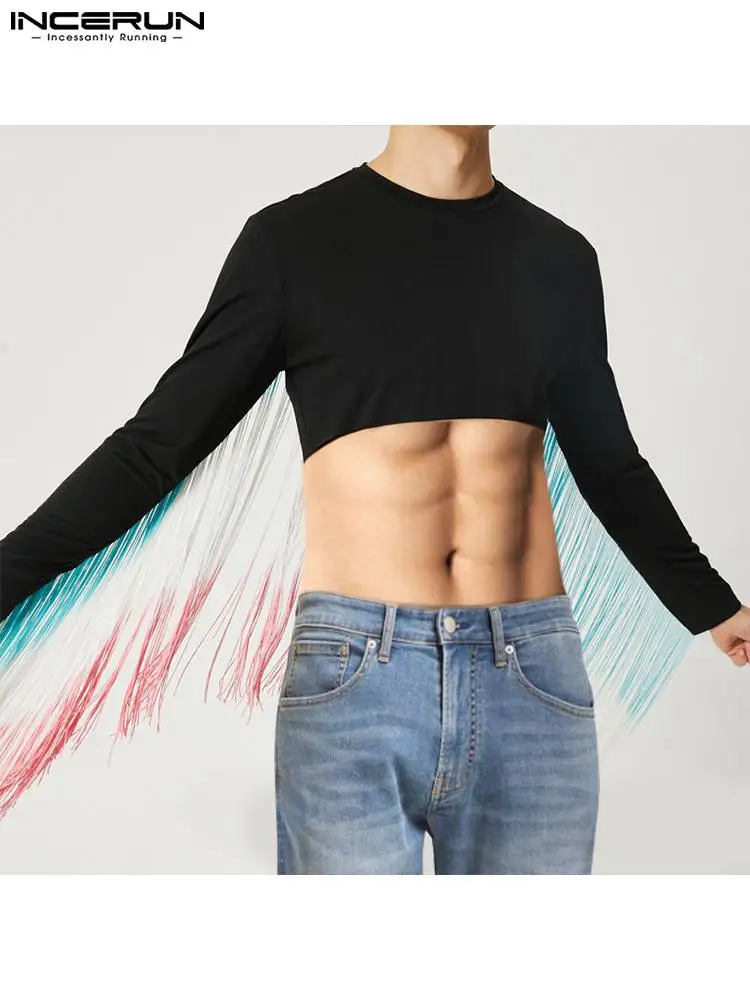 

2022 Men T Shirt Gradient Tassel Patchwork O-neck Streetwear Long Sleeve Sexy Camisetas Fashion Casual Crop Tops S-5XL INCERUN