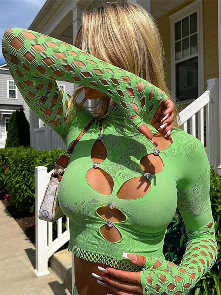 

Summer New women's 2023 European And American Style Sexy Street Mesh Gauze Perspective Hollowed Out Round Neck Long Sleeve Top