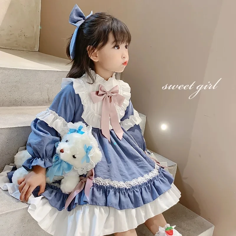 

2022 Spring Summer Toddler Girls' Skirts Lolita Style Blue Bow Pleated Dresss Baby Dress Princess Dress for Girls for 2-7Years