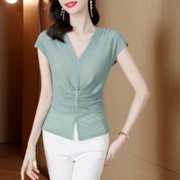 womens new short sleeve t shirt 2022 summer temperament v neck slim blouses top women fashion mesh pleated shirt top