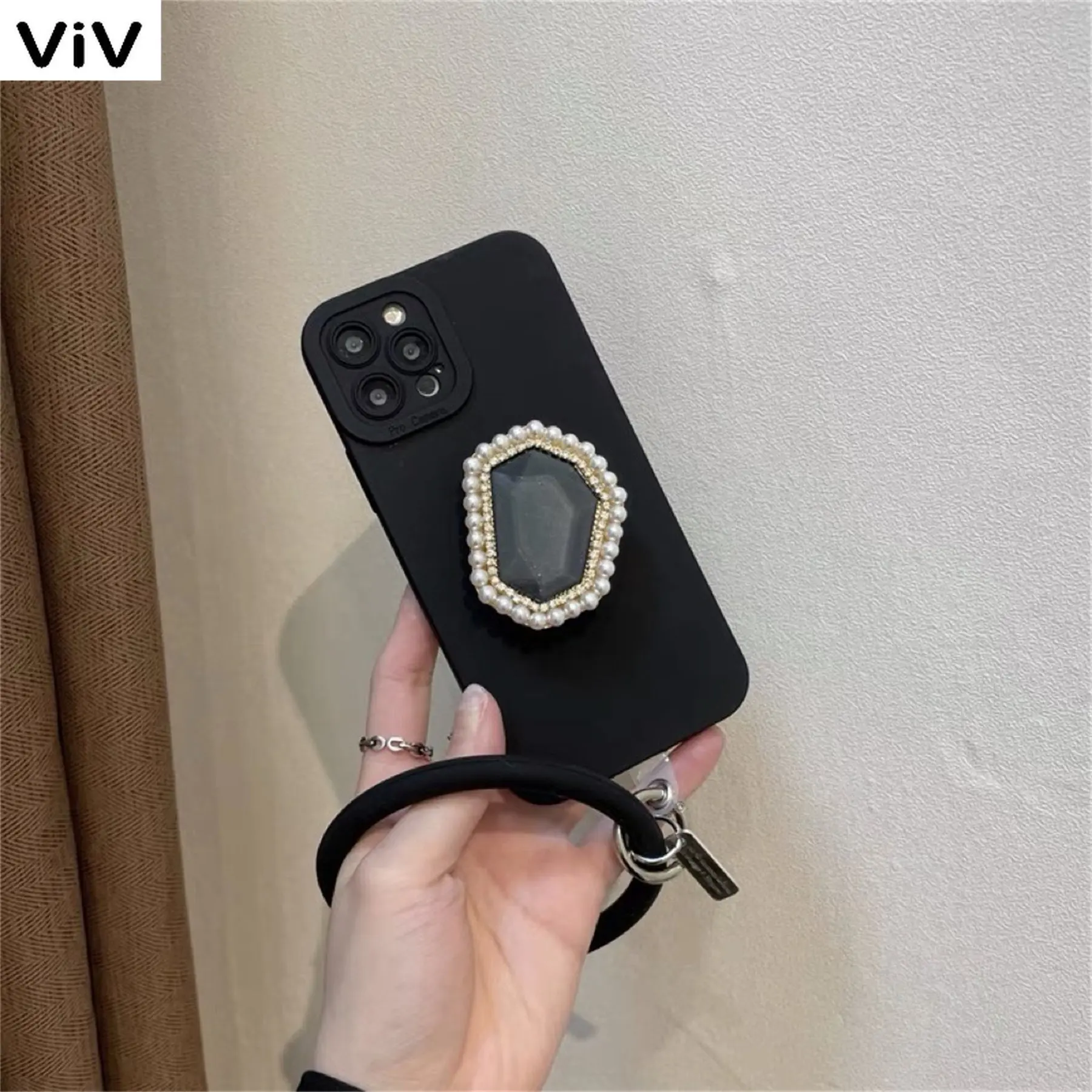 

Korean Cute Pearl Gem Stand Holder Black Case with Ring Bracelet For iPhone 14 13 12 11 Pro Max X XS XR Max Shockproof Cover