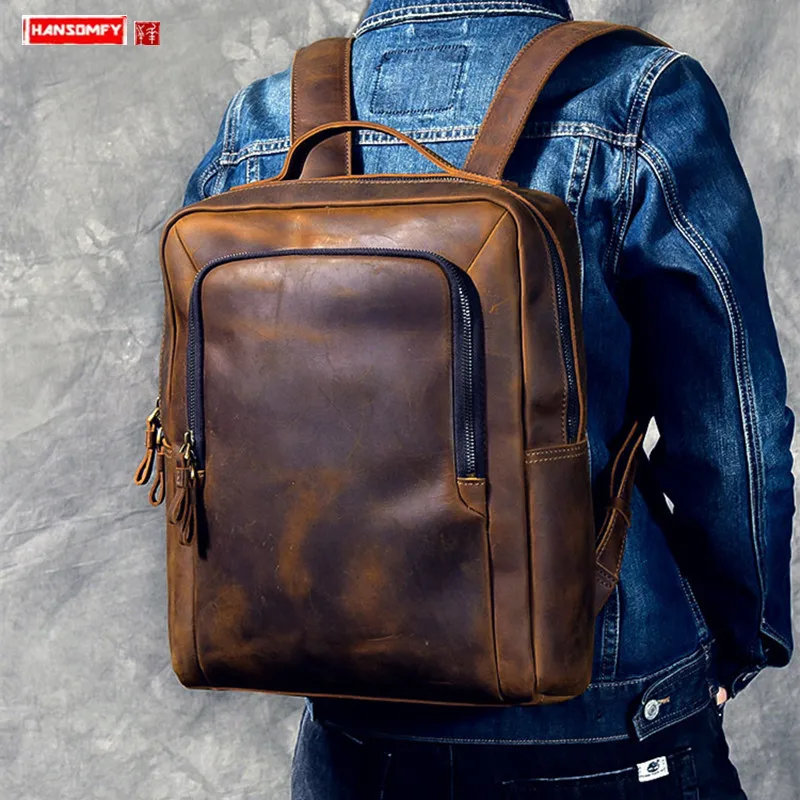 

HANSOMFY New Crazy Horse Leather Men's Backpack Shoulder Bag Men 14 Inch Laptop Computer Bags Vintage Original Wind Genuine