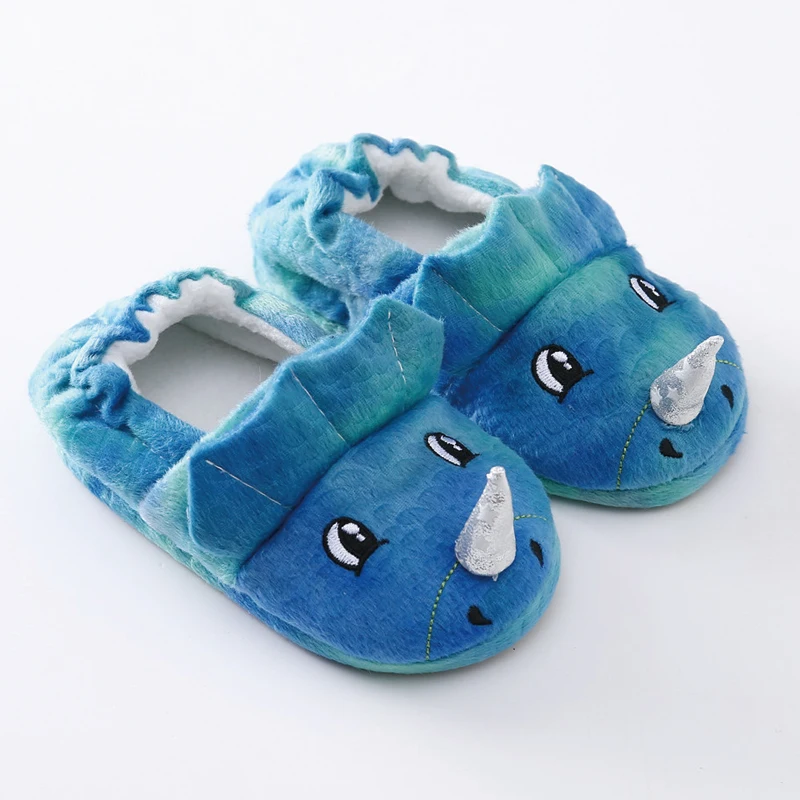 Тапочки детские зимние с 3D динозавром плюшевые мягкая резиновая подошва